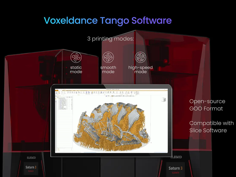 Les trois modes d'impression disponibles avec le logiciel Voxeldance Tango Laminating